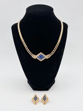 Vintage Christian Dior Germany Blue Faux Sapphire Rhinestone Necklace Earrings